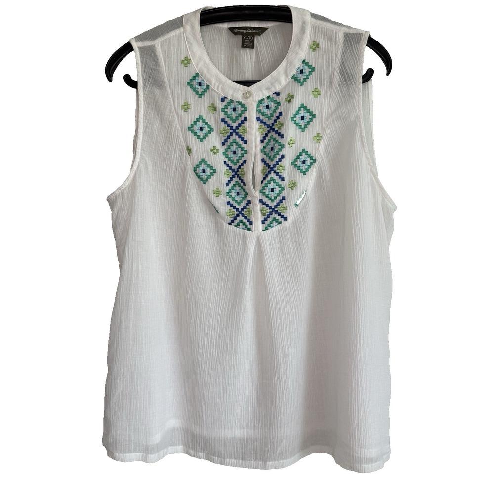 Tommy Bahama Women Boho Sheer White Tank Top XL Keyhole Neck Flowy‎ Fairy Summer
